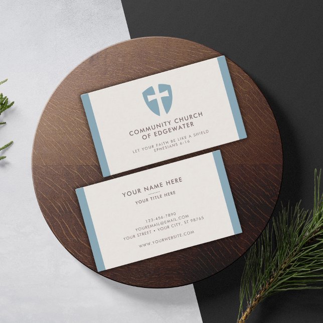 Church Pastor Modern Minimal Cross Shield Blue Business Card (Creator Uploaded)