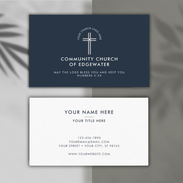 Church Pastor Modern Minimal Custom Logo Navy Business Card (Customize with your church logo. Background colors can be changed too.)