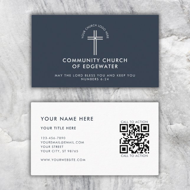 Church Pastor Modern QR code Custom Logo Navy Business Card (Creator Uploaded)