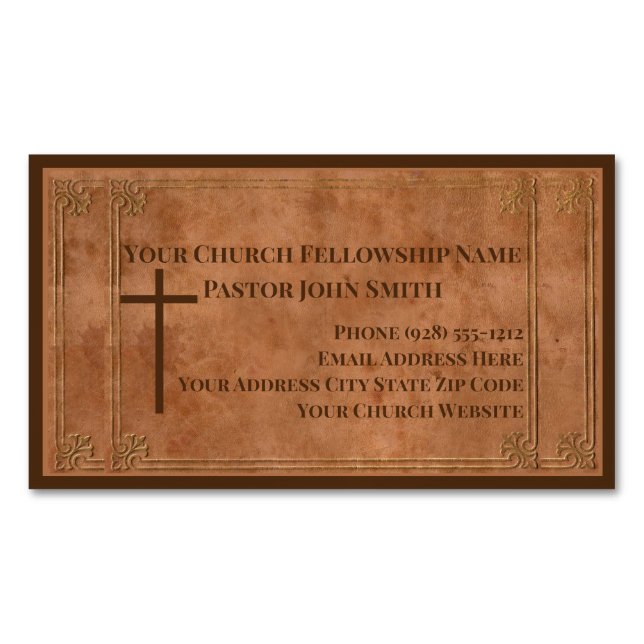 Church Pastor Stamped Leather Elegant Christian Magnetic Business Card (Front)