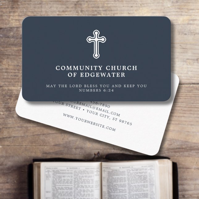 Church Pastor Traditional Religious Cross Navy Business Card (Creator Uploaded)