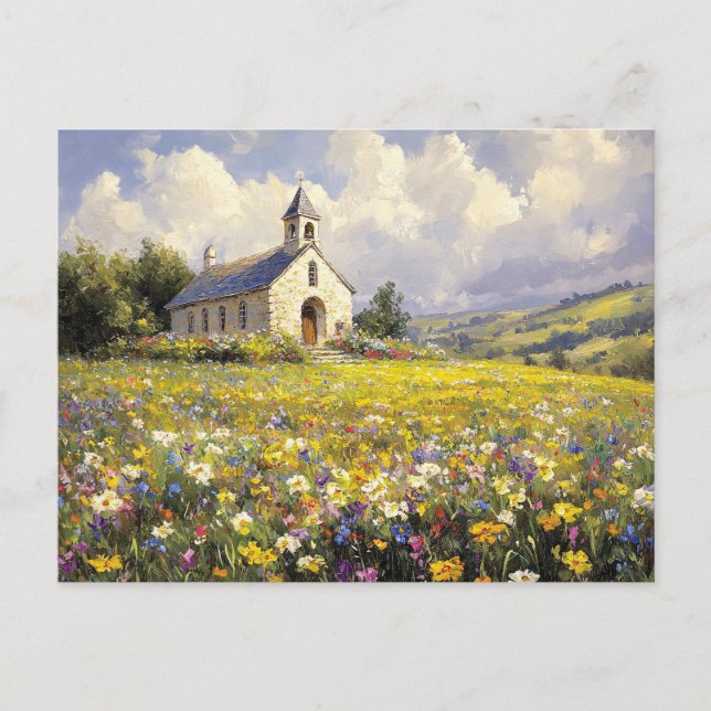 Church Surrounded By Wildflowers Painting Postcard (Front)