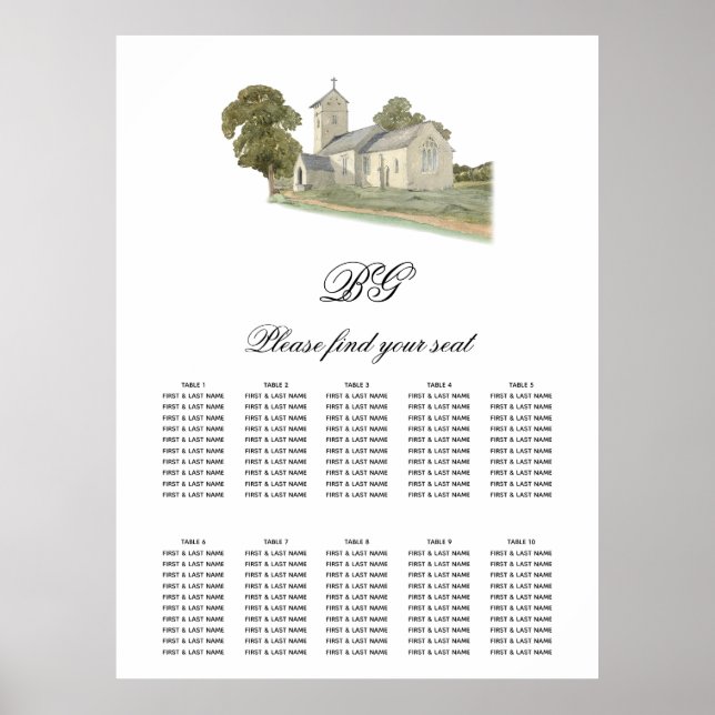 Church Traditional Monogram Wedding Seating Chart (Front)