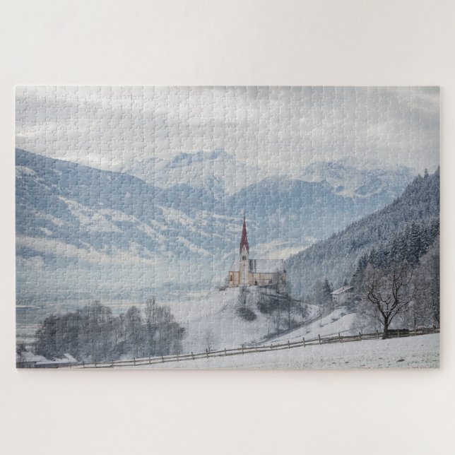 Church with Alps in Zillertal, Austria in winter Jigsaw Puzzle (Horizontal)