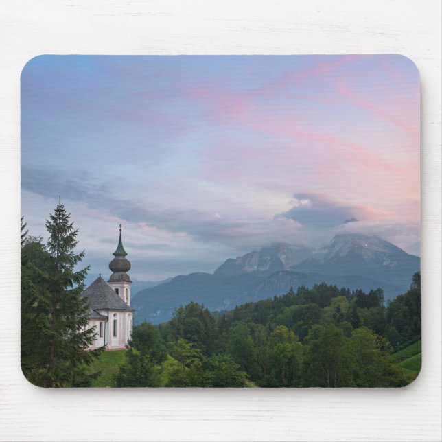 Church with Alps mountains at sunset Mouse Pad (Front)
