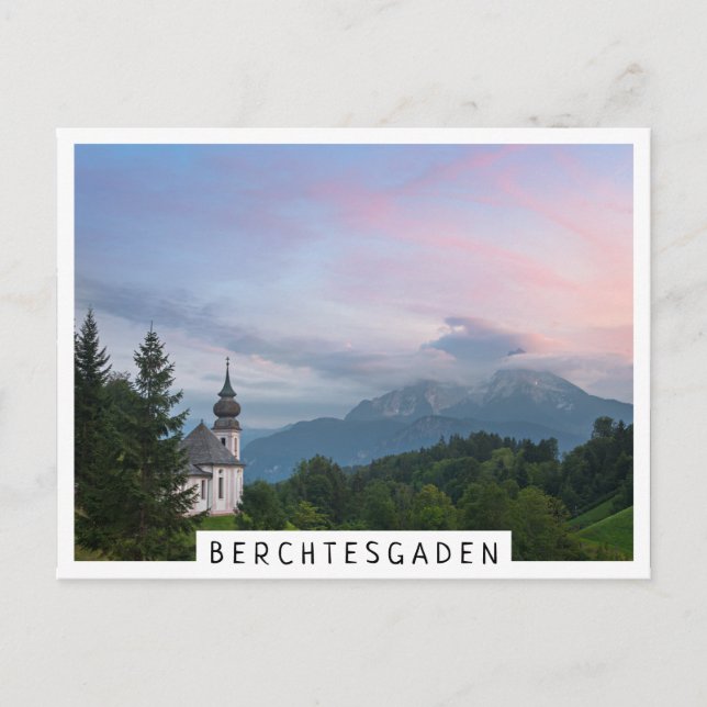 Church with Alps mountains at sunset Postcard (Front)