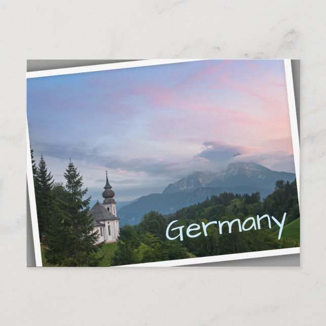 Church with Alps mountains at sunset Postcard (Front)