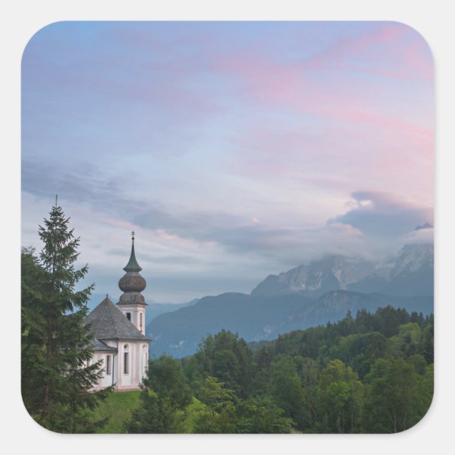 Church with Alps mountains at sunset Square Sticker (Front)