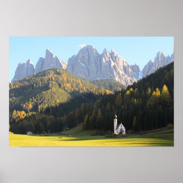 Church with Dolomites mountain background Poster (Front)