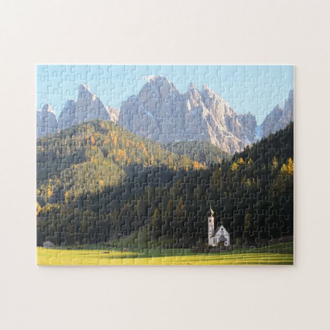 Church with Dolomites mountain background puzzle (Horizontal)