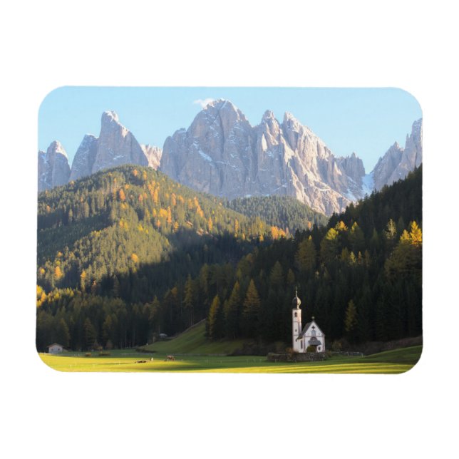 Church with Dolomites mountain rectangle magnet (Horizontal)
