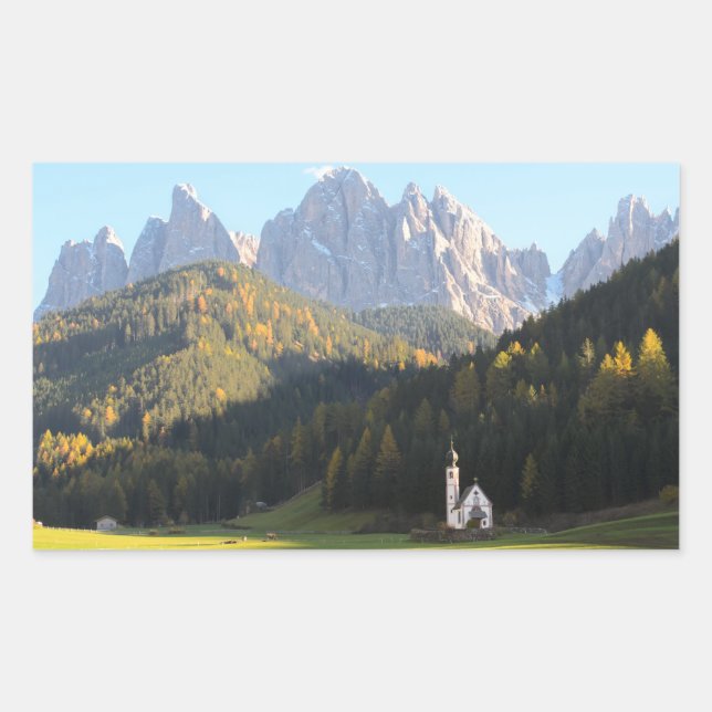 Church with Dolomites mountain rectangular sticker (Front)