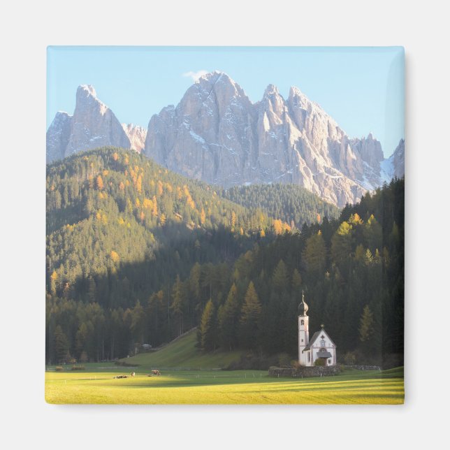 Church with Dolomites mountain square magnet (Front)