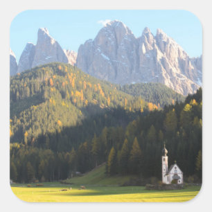 Church with Dolomites mountain square sticker