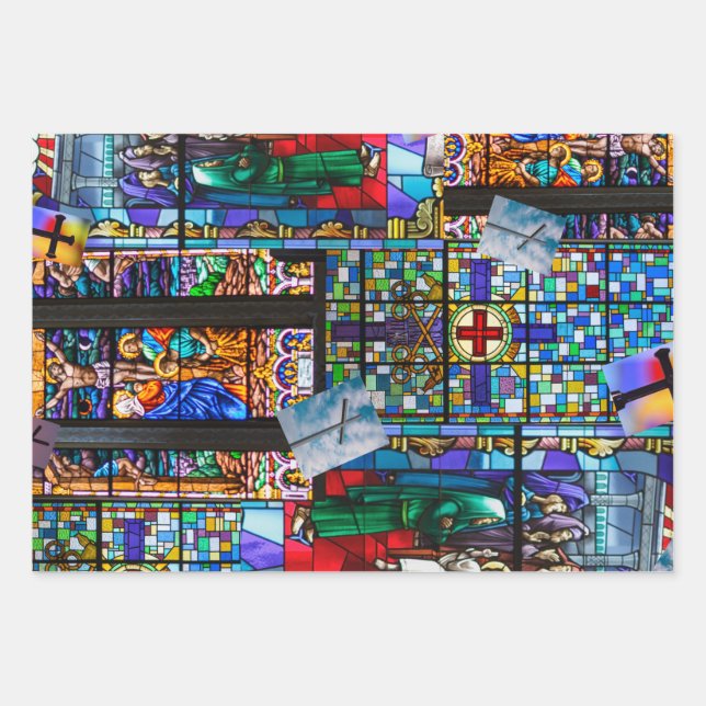 Churches Stained Glass and Crosses Wrapping Paper Sheet (Front)