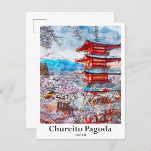 Chureito Pagoda Japan Travel Watercolor Hand Drawn Postcard