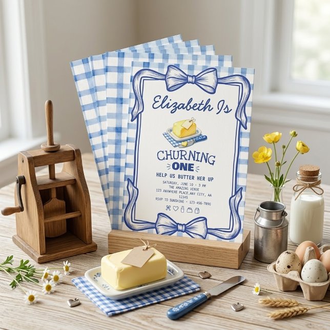 Churning One Butter First Birthday Blue Gingham  Invitation (Creator Uploaded)