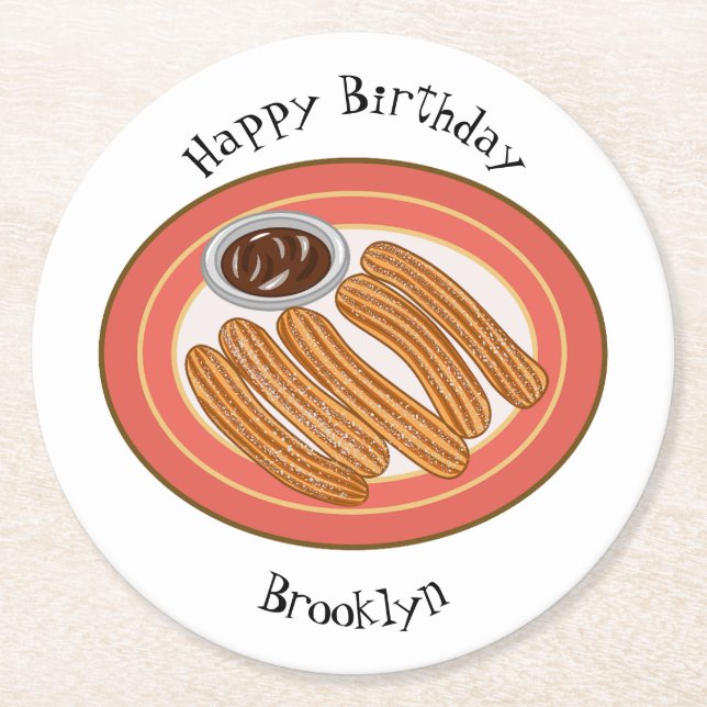 Churro cartoon illustration  round paper coaster (Front)