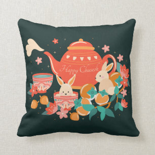 Chuseok Mid-Autumn Festival Teapot and Bunnies Cushion