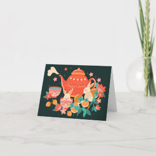Chuseok Mid-Autumn Festival Teapot and Bunnies Holiday Card