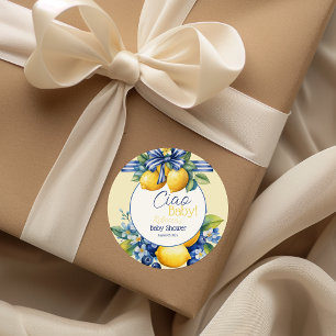 Ciao Baby Blue Bow Tile Lemon Baby Shower Classic Round Sticker
