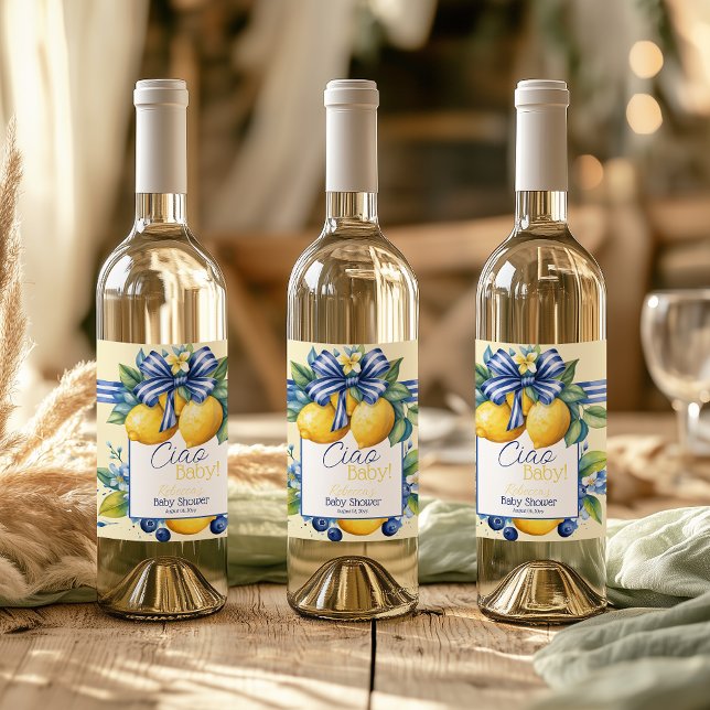 Ciao Baby Blue Bow Tile Lemon Baby Shower Wine Label (Creator Uploaded)