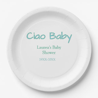 ciao baby blue green pastel baby shower name date  paper plate