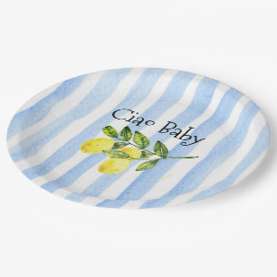 Ciao Baby Blue Stripes Lemon Baby Shower Paper Plate