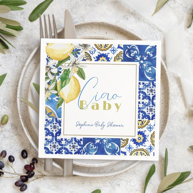 Ciao Baby Blue Tile Citrus Lemon Baby Shower Napkin (Creator Uploaded)
