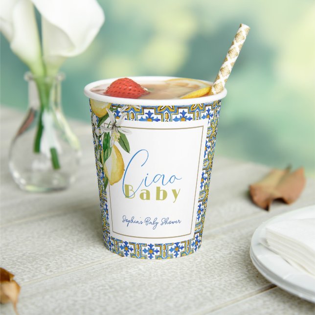 Ciao Baby Blue Tile Citrus Lemon Baby Shower Paper Cups (Insitu)
