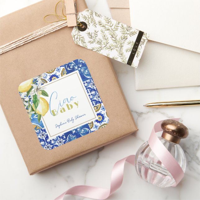 Ciao Baby Blue Tile Citrus Lemon Baby Shower Square Sticker (Gifting)