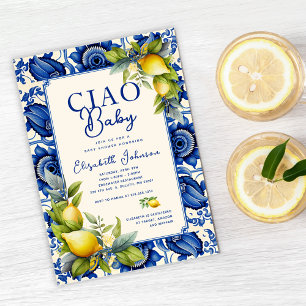 Ciao Baby Blue Tile Yellow Lemons Baby Shower Invitation