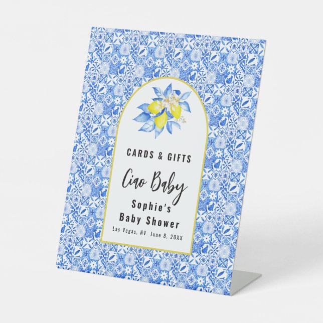 Ciao Baby, Blue Tiles And Lemons Cards & Gift Pedestal Sign (Front)