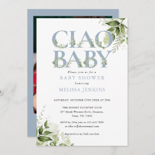 Ciao Baby Dusty Blue Greenery Photo Baby Shower Invitation