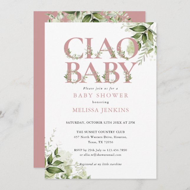 Ciao Baby Dusty Rose Floral All In One Baby Shower Invitation (Front/Back)