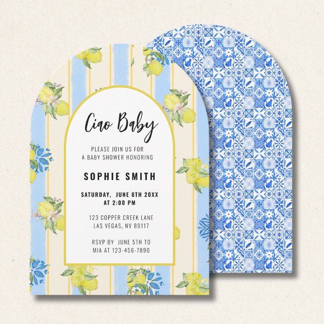 Ciao Baby, Grafeful Lemon, Italian Blue Tiles Arch Invitation (Creator Uploaded)