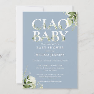 Ciao Baby Greenery Letter Dusty Blue Baby Shower Invitation