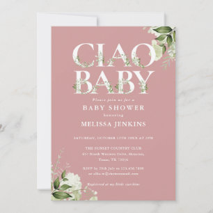 Ciao Baby Greenery Letter Dusty Rose Baby Shower Invitation