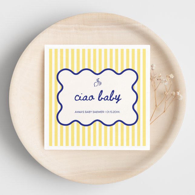 Ciao Baby Hand Drawn Blue & Yellow Baby Shower Napkin (ciao baby yellow stripes hand drawn italian ciao bambino baby shower citrus lemon butter yellow)