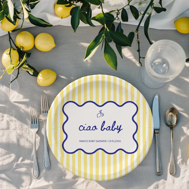 Ciao Baby Hand Drawn Blue & Yellow Baby Shower Paper Plate (ciao baby yellow stripes hand drawn italian baby shower personalized paper plates)