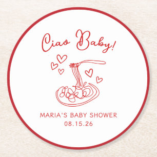 Ciao Baby! Hand Drawn Italian Pasta Baby Shower Round Paper Coaster
