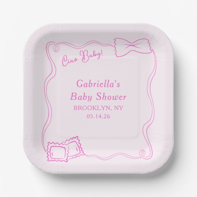 Ciao Baby Hand Drawn Pasta Italian Baby Shower Paper Plate (Front)