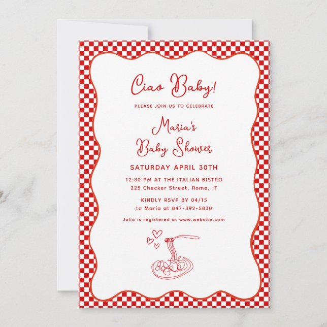 Ciao Baby! Italian Baby Shower Red Chequered Pasta Invitation (Front)
