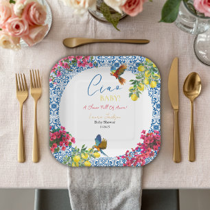 Ciao Baby Italian Blue Tile Lemons Baby Shower Paper Plate