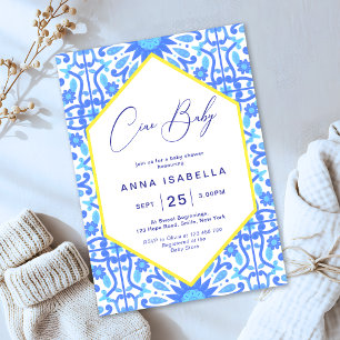 Ciao Baby Italian Blue Tile Yellow Baby Shower Invitation