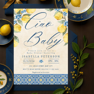 Ciao Baby Italian Blue Tiles Baby Shower Invitation