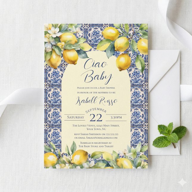  Ciao Baby Italian Blue Tiles & Lemon Baby Shower Invitation (Creator Uploaded)