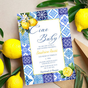Ciao Baby Lemon Blue Tiles Italian Baby Shower Invitation