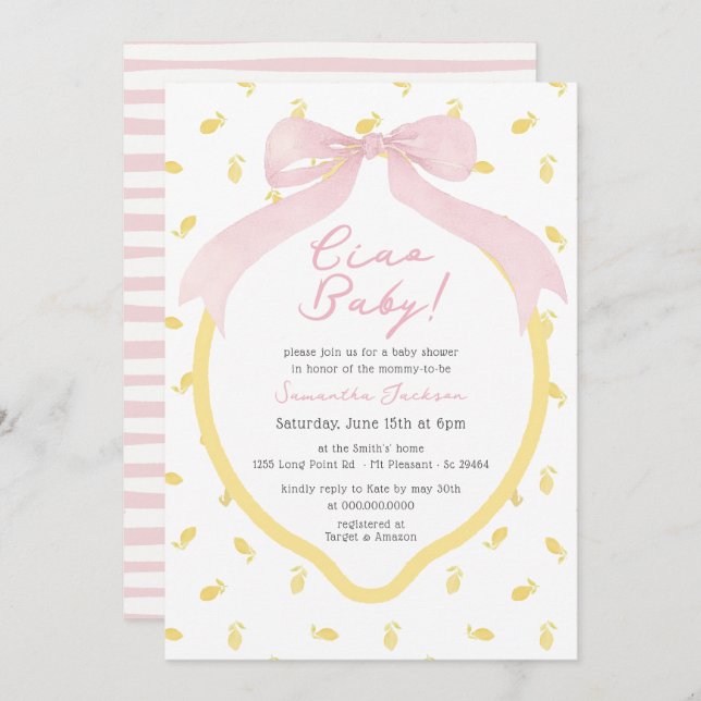 Ciao Baby Lemon & Pink Bow Pink Girl Baby Shower Invitation (Front/Back)