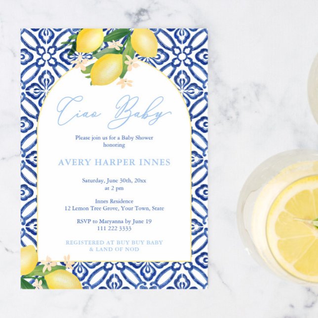 Ciao Baby Lemons Baby Shower Party For Boy Invitation (Ciao baby boy! Amalfi inspired baby shower party invite with blue tile background lemons arch shape)
